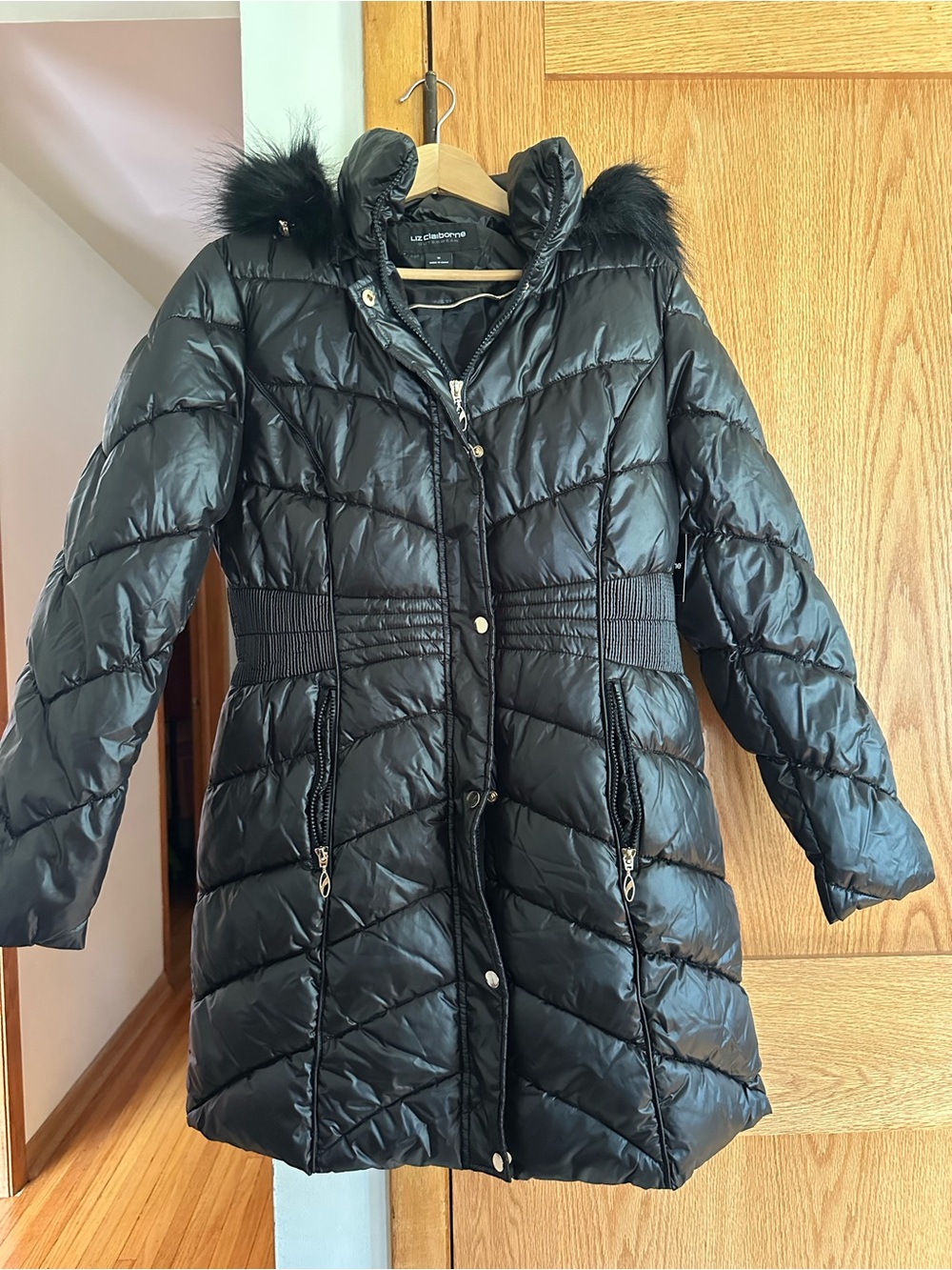 Liz Claiborne Black Quilted Hooded Puffer with Faux Fur Trim